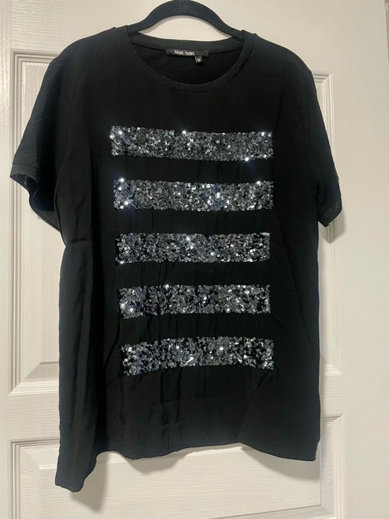 Marc Aurel Tops - Marc Aurel Black Sequin Stripe Short Sleeve Tee